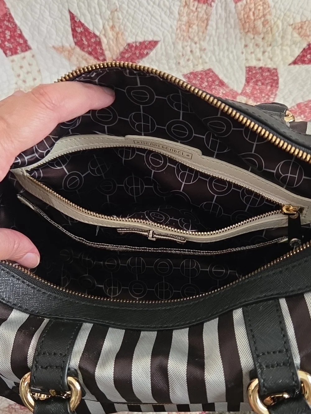 henri bendel Black and Grey Striped Dome Satchel with Gold Hardware